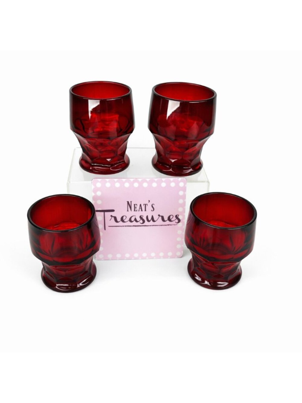 Vintage Viking GEORGIAN RUBY RED Honeycomb 4oz Flat Juice Pressed Glasses Set 4
